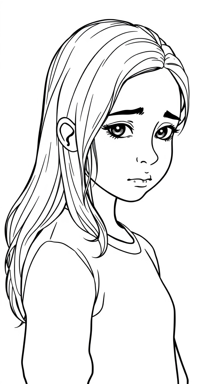 Uma menina de 12 anos, dividida ao meio verticalmente. O lado esquerdo dela est com aparncia empobrecida roupa simples e amassada, expresso triste, segurando materiais escolares baratos lpis comum, ca