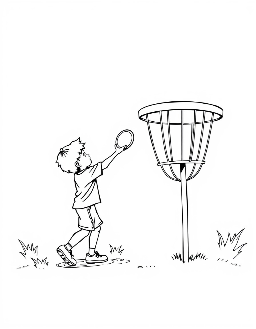 A boy throwing a disk golf disk to a disk golf basket.