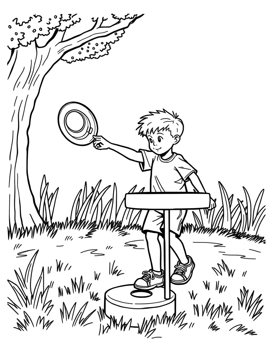 A boy throwing a disk golf disk to a disk golf basket.