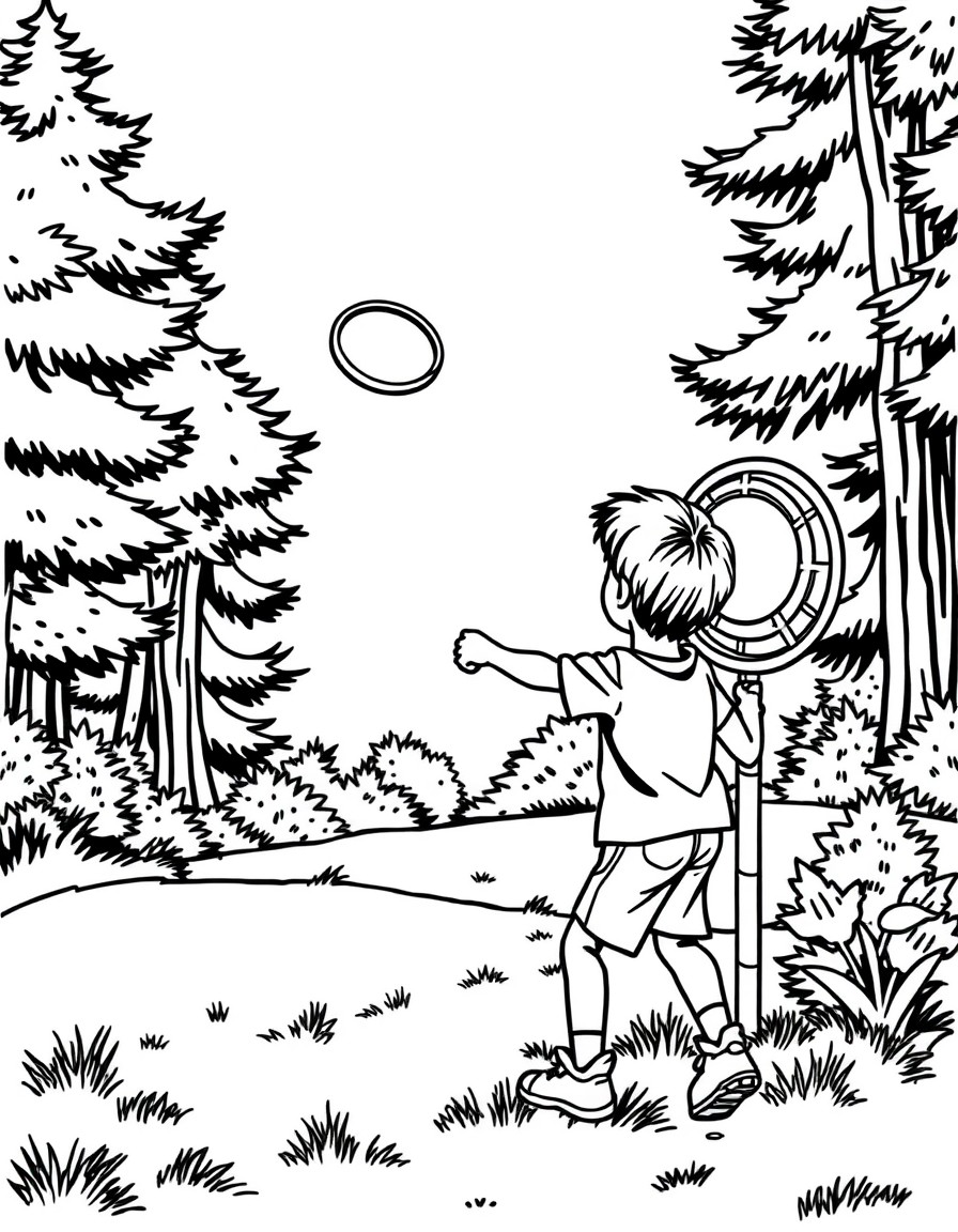 A boy throwing a disk golf disk to a disk golf basket.