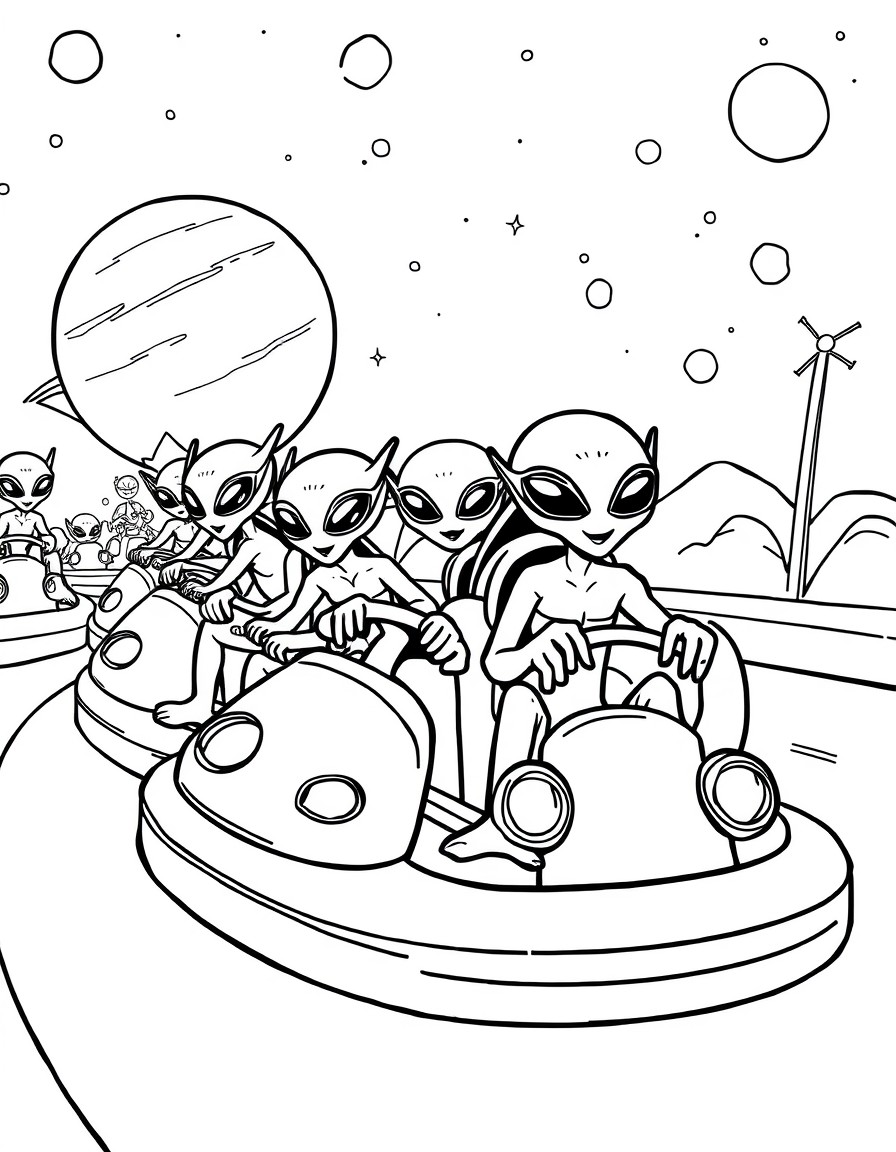 A swarm of playful aliens riding bumper cars on a faraway planet carnival