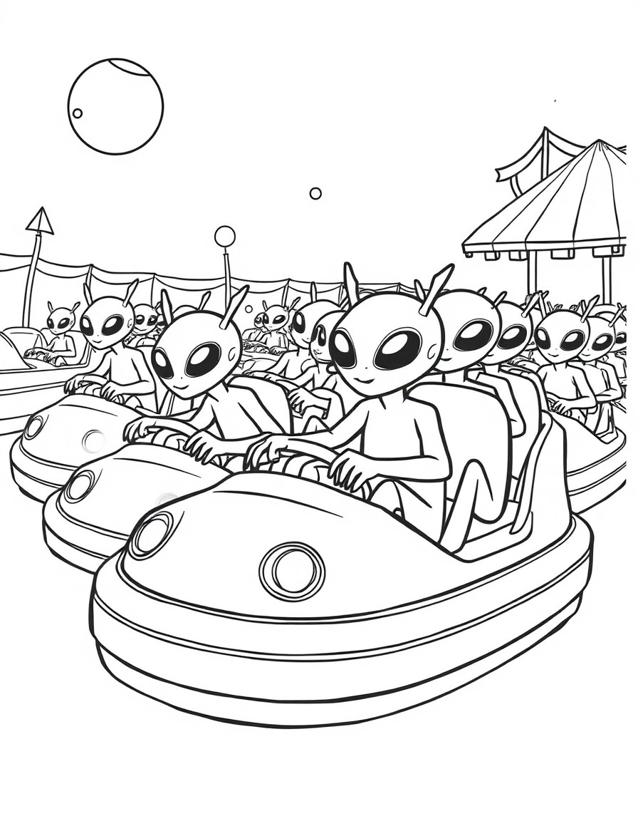 A swarm of playful aliens riding bumper cars on a faraway planet carnival