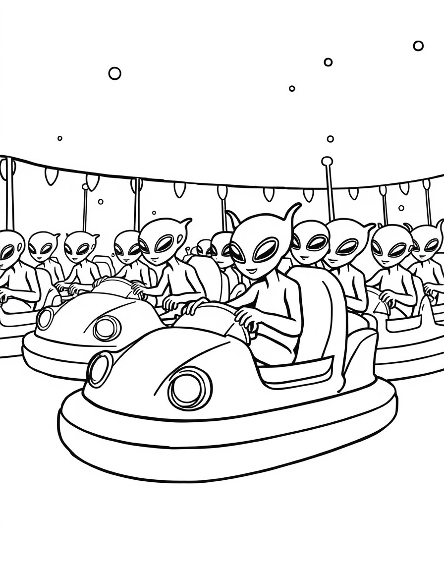 A swarm of playful aliens riding bumper cars on a faraway planet carnival