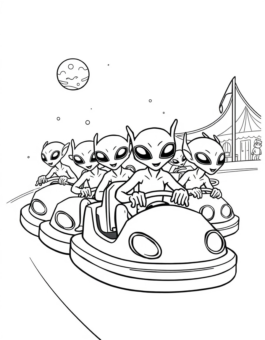 A swarm of playful aliens riding bumper cars on a faraway planet carnival