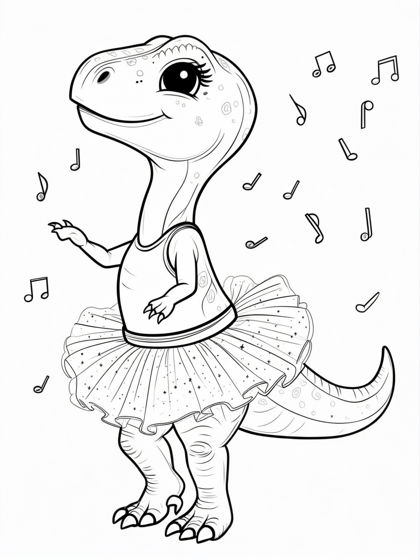 A baby dinosaur practicing ballet with sparkly tutus and musical notes