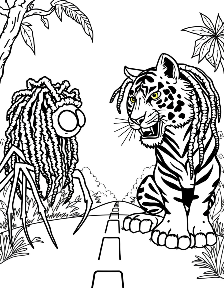 cute jamaican spider w dreadlocks named Anansi meets a Tiger on the road