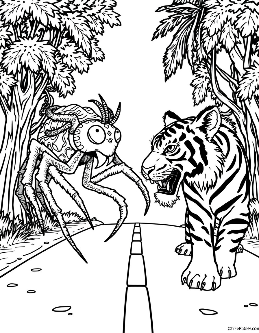 cute jamaican spider w dreadlocks named Anansi meets a Tiger on the road
