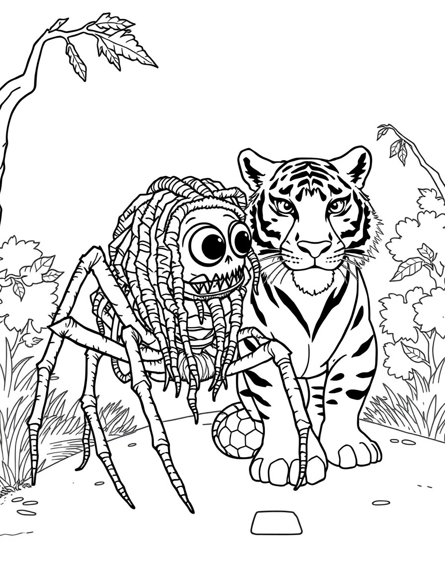 cute jamaican spider w dreadlocks named Anansi meets a Tiger on the road