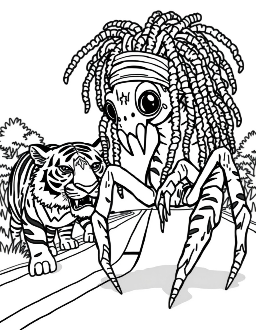 cute jamaican spider w dreadlocks named Anansi meets a Tiger on the road
