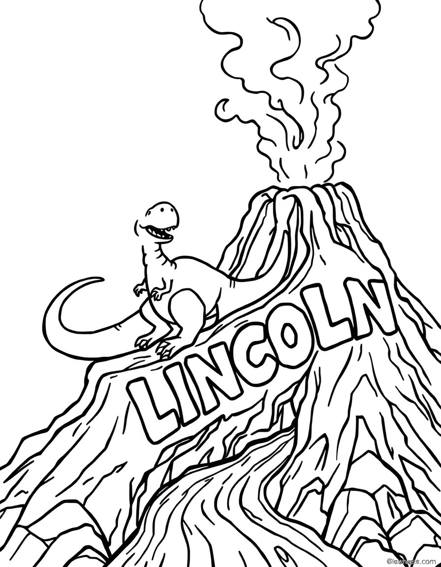 A friendly dinosaur sliding down a volcano and spelling 'LINCOLN' in the steaming lava flow