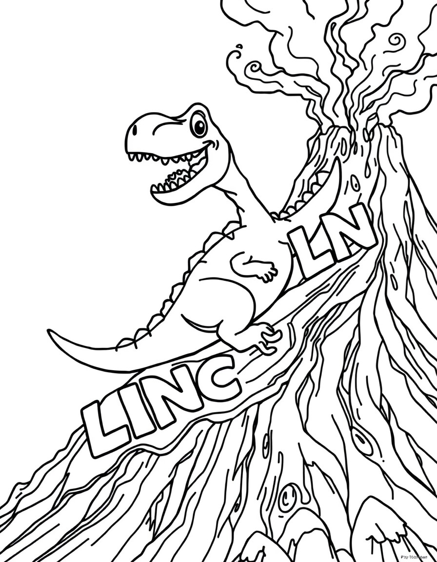 A friendly dinosaur sliding down a volcano and spelling 'LINCOLN' in the steaming lava flow