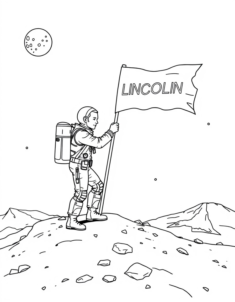 A space explorer planting a flag on a distant planet with 'LINCOLN' emblazoned on it