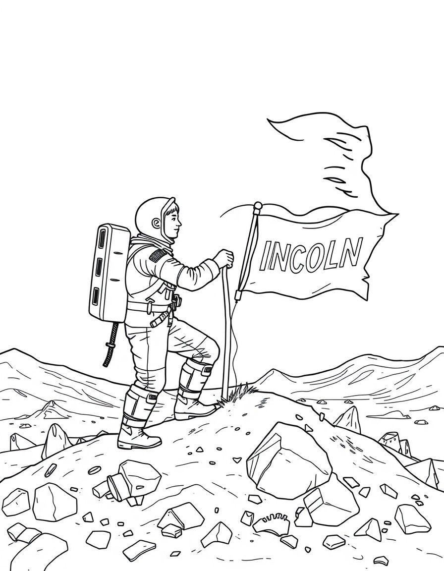 A space explorer planting a flag on a distant planet with 'LINCOLN' emblazoned on it