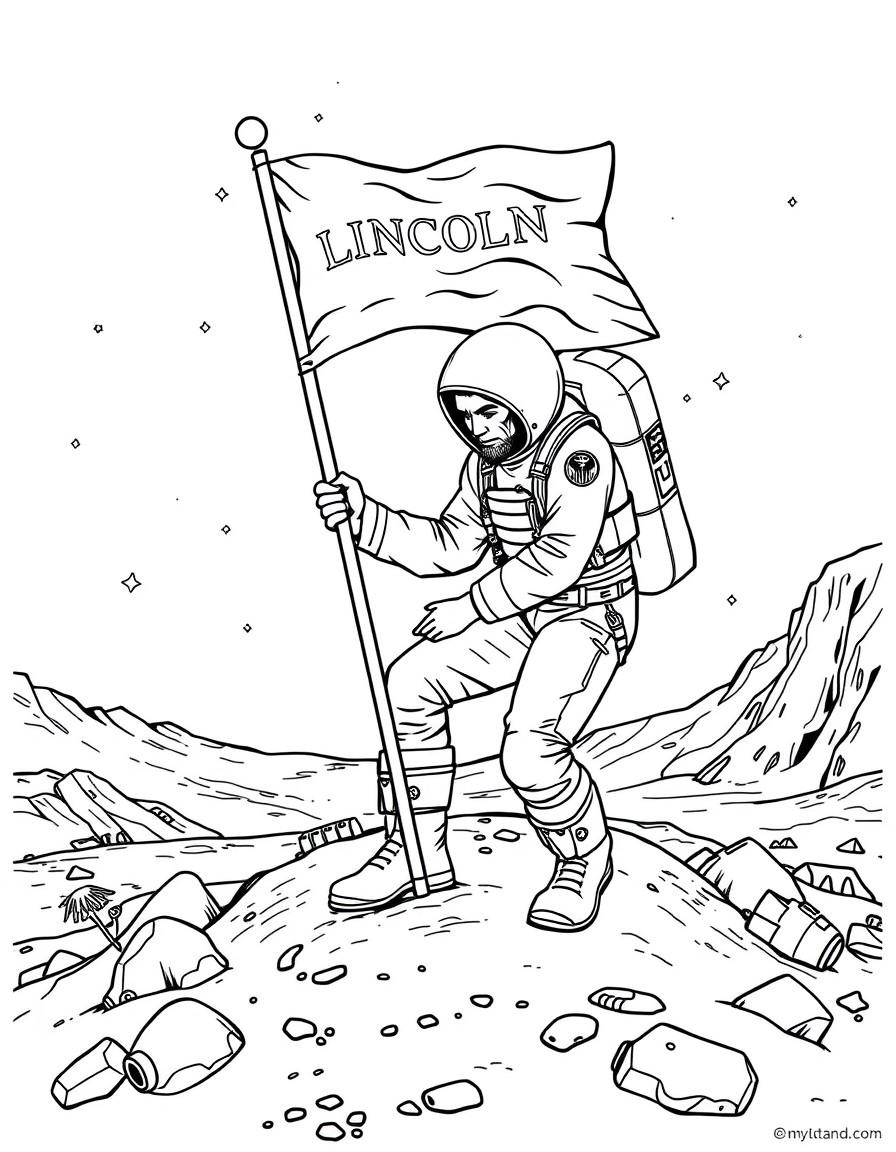 A space explorer planting a flag on a distant planet with 'LINCOLN' emblazoned on it