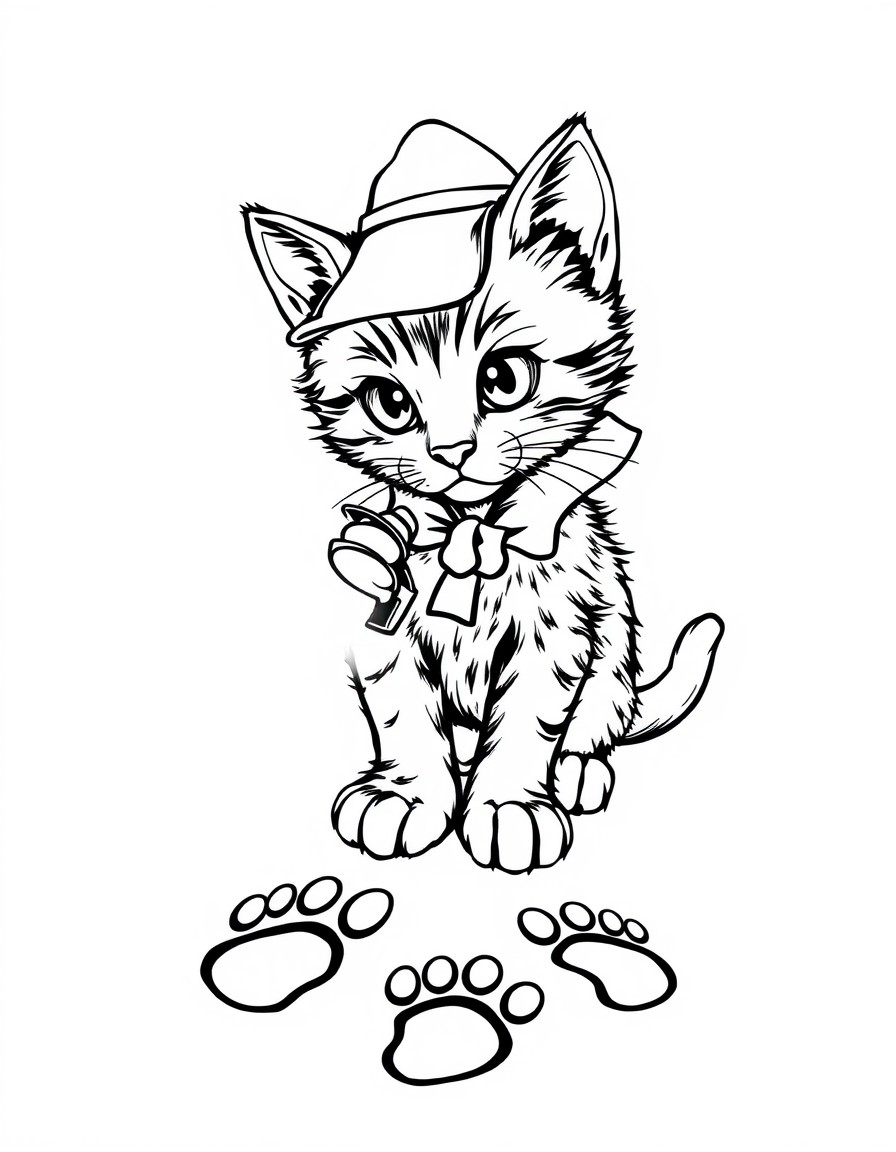 A detective kitten shining a flashlight on footprints that shape 'Lincoln'