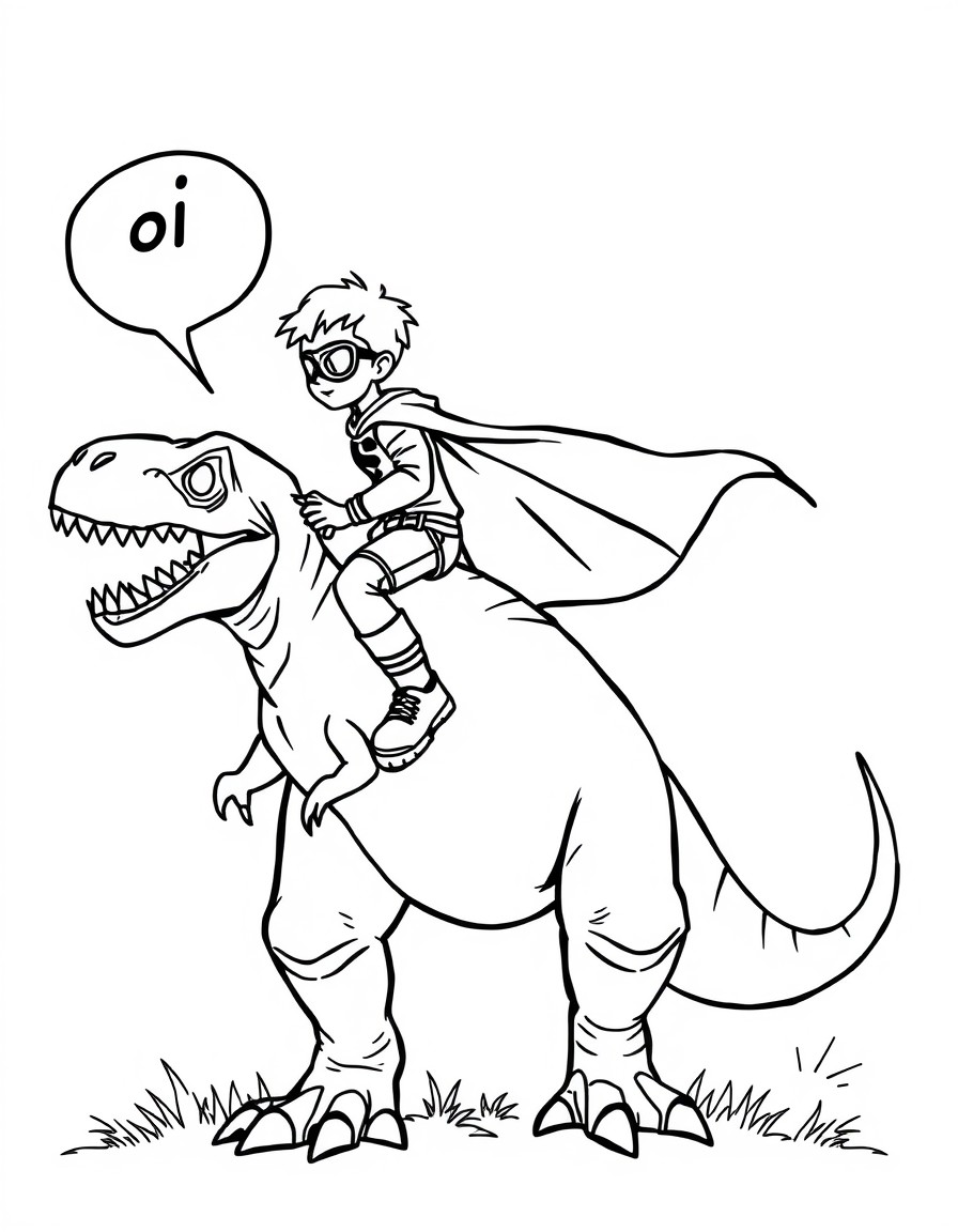 superhero boy riding on top of a rex dinosaur talking 'oi kaike' in the background