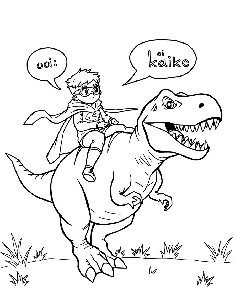 superhero boy riding on top of a rex dinosaur talking 'oi kaike' in the background