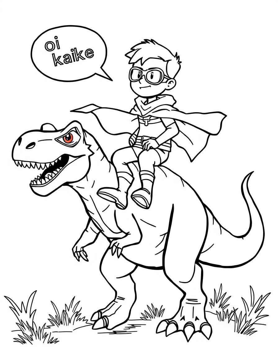 superhero boy riding on top of a rex dinosaur talking 'oi kaike' in the background