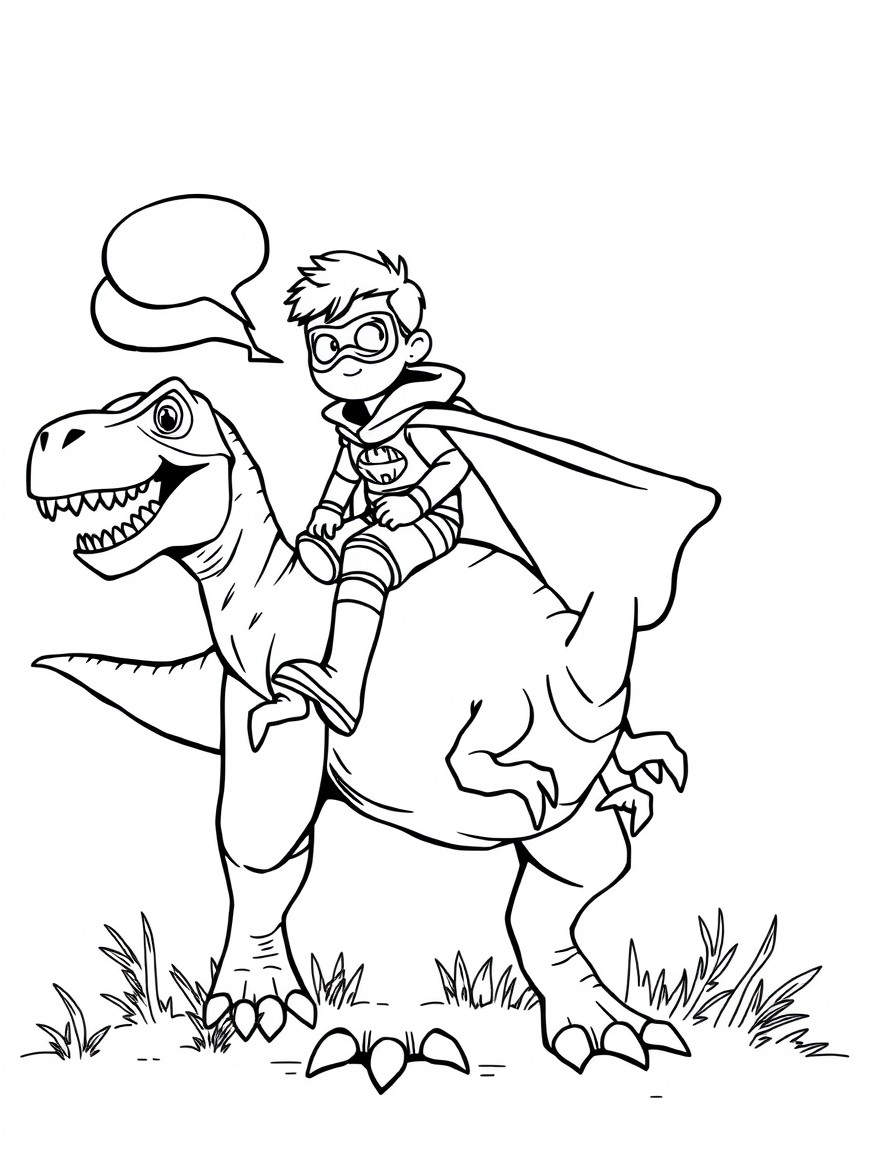 superhero boy riding on top of a rex dinosaur talking 'oi kaike' in the background