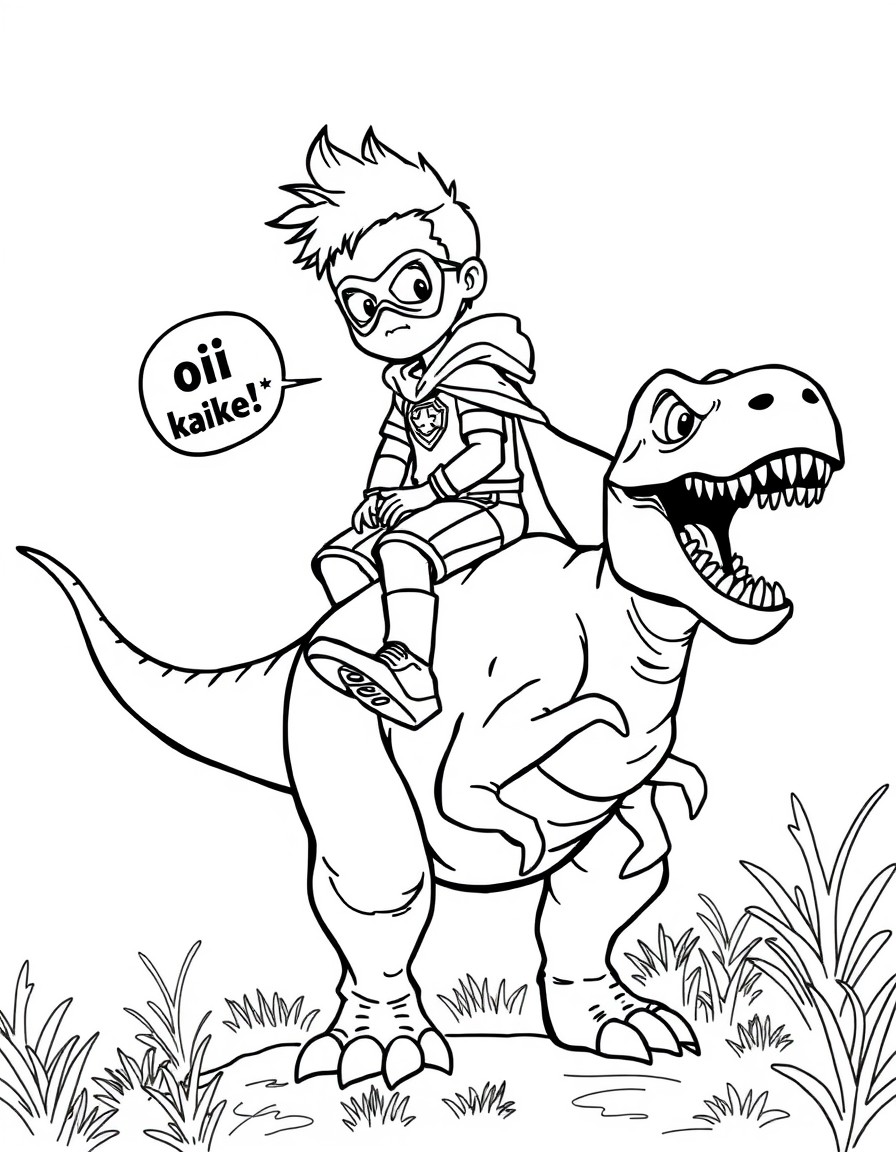 superhero boy riding on top of a rex dinosaur talking 'oi kaike' in the background