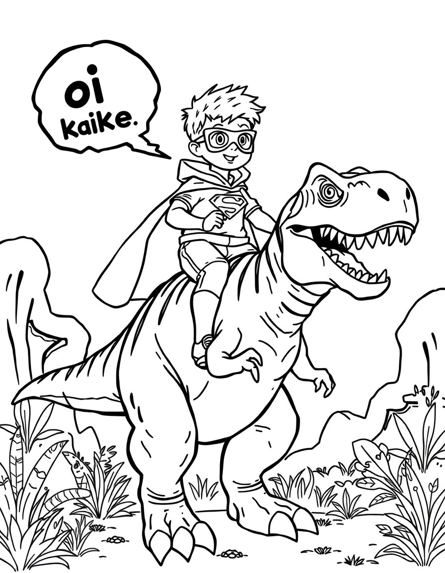 superhero boy riding on top of a rex dinosaur talking 'oi kaike' in the background