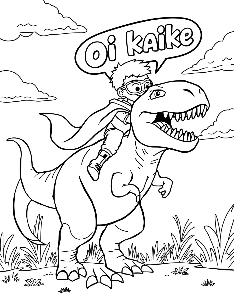 superhero boy riding on top of a rex dinosaur talking 'oi kaike' in the background