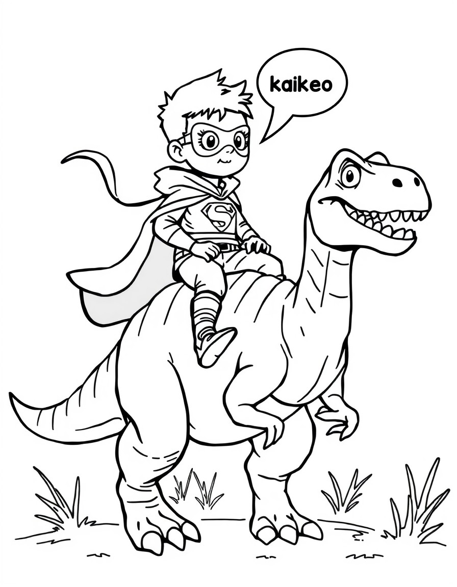 superhero boy riding on top of a rex dinosaur talking 'oi kaike' in the background