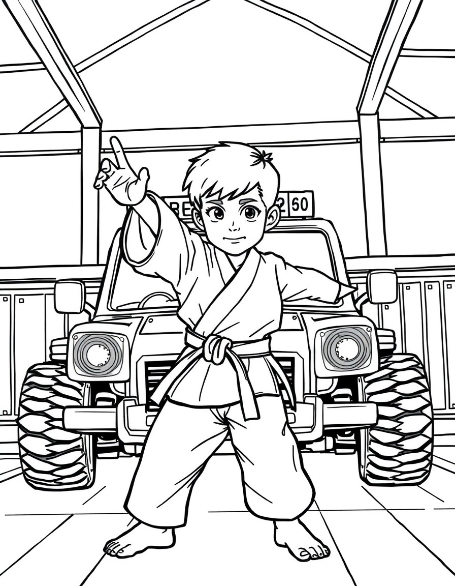 a 8 year old boy in a dojo wearing a karate gi and training the karate technique oi-zuki in zenkutsu-dachi