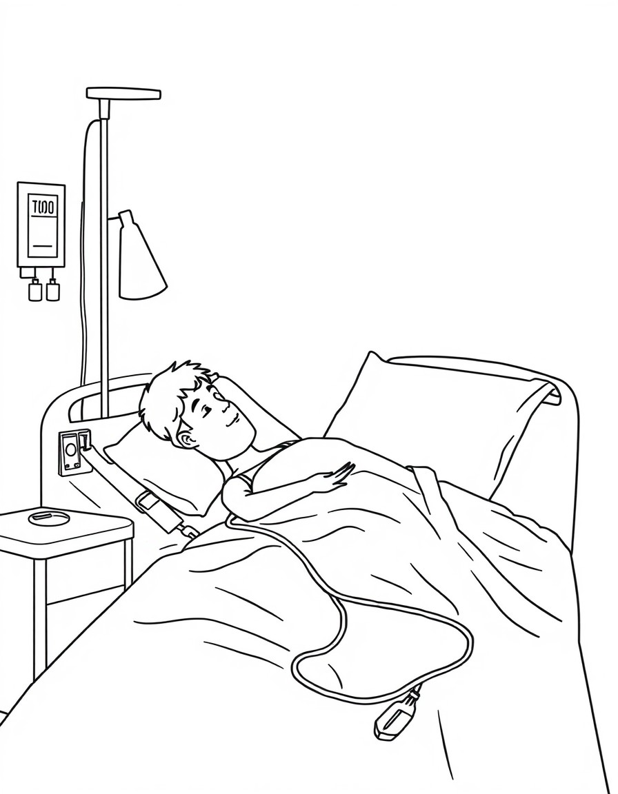 a patient lying in the bed with an infusion treatment