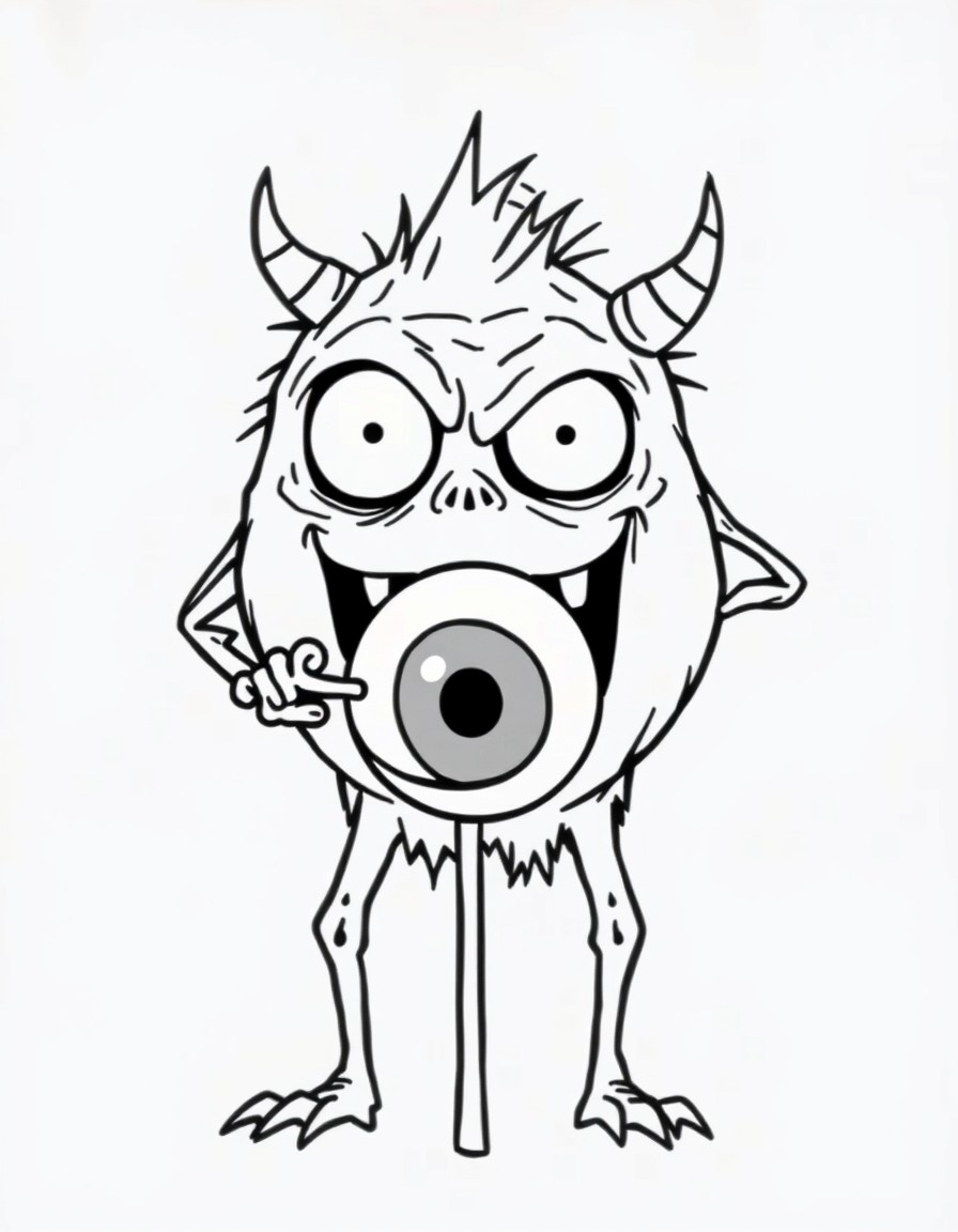 a scary monster that is eating a lollipop that looks like an eyeball