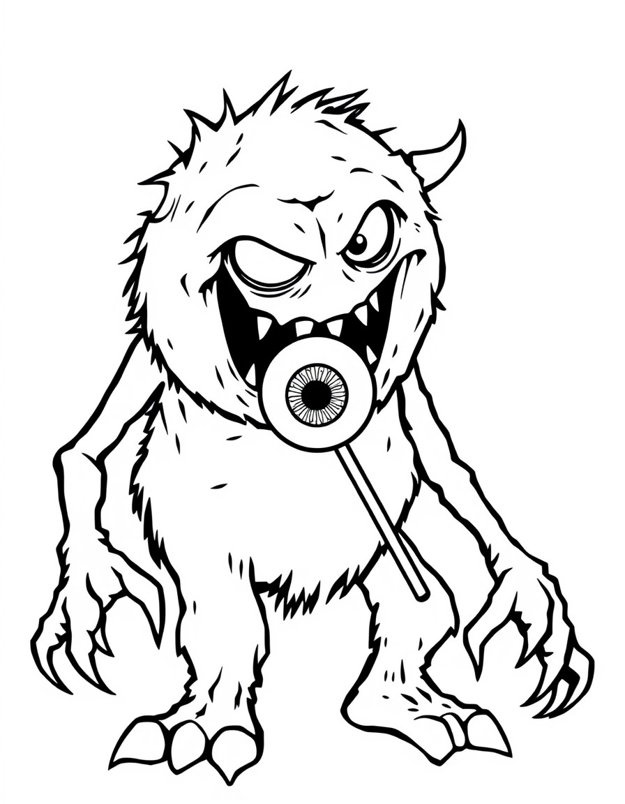 a scary monster that is eating a lollipop that looks like an eyeball