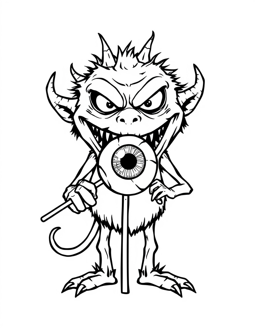 a scary monster that is eating a lollipop that looks like an eyeball