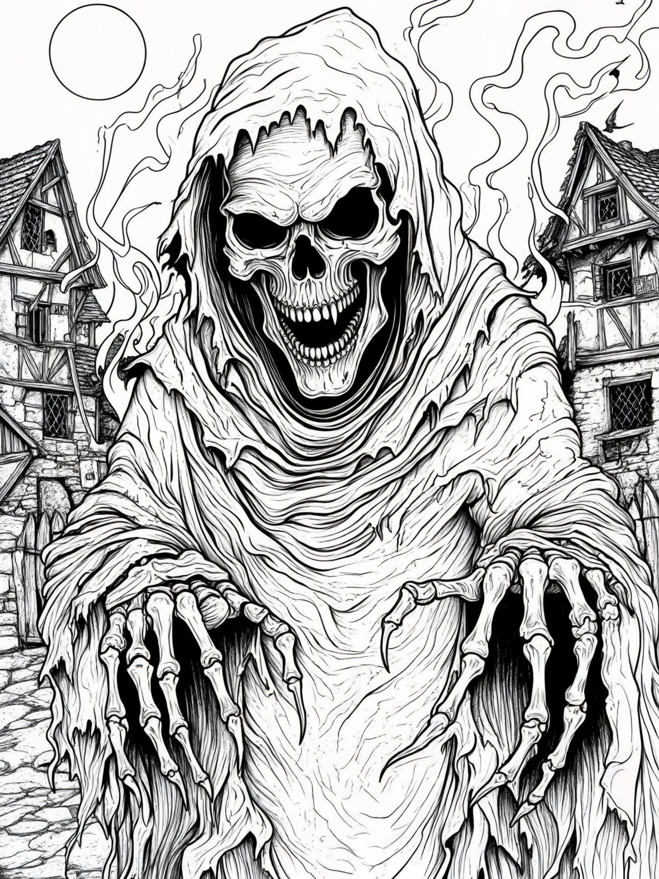 A skeletal monster wrapped in tattered cloaks, with long bony fingers and a mouth that stretches unnaturally wide. Wisps of smoke float around its body. It lurks in a haunted village at night. Line ar