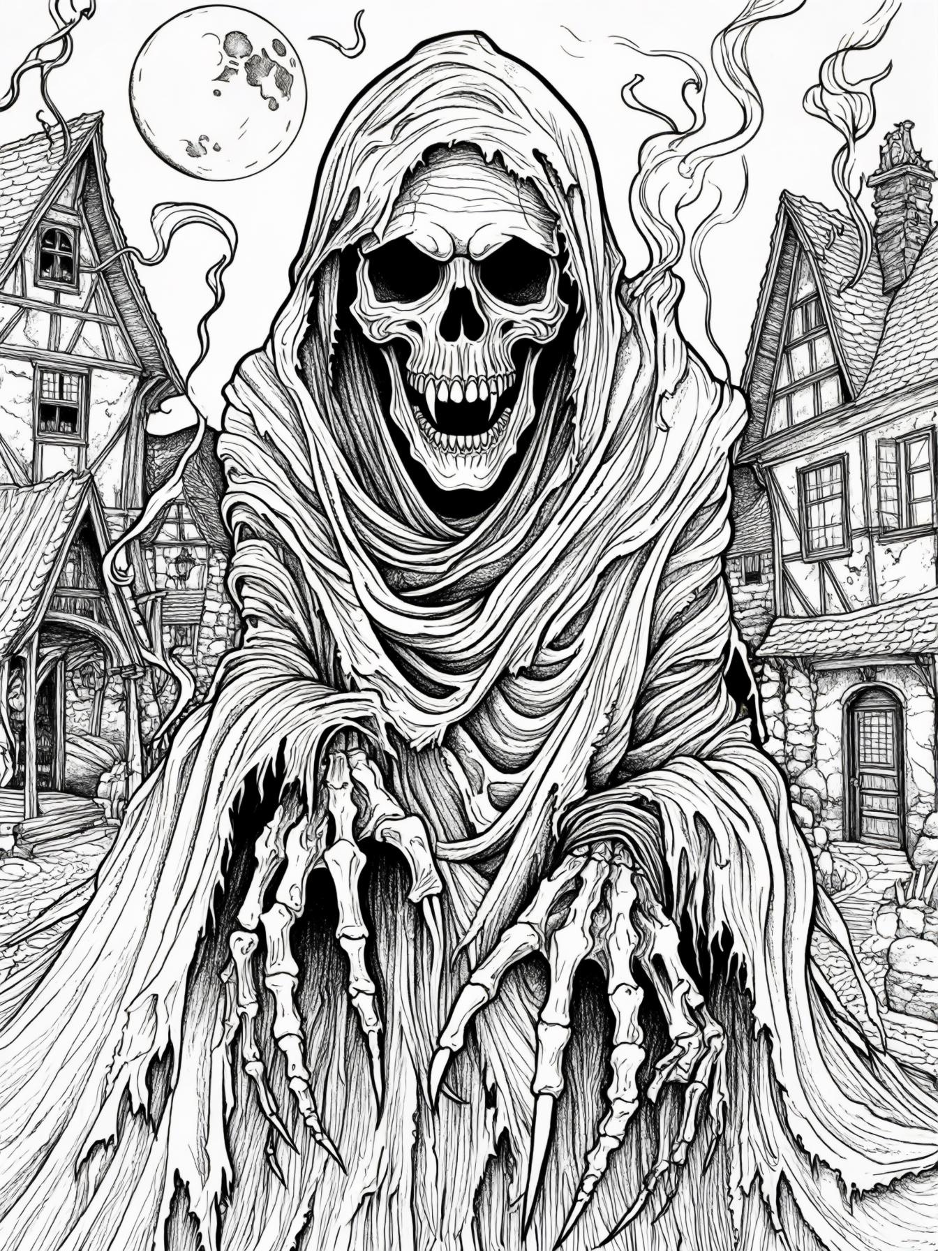 A skeletal monster wrapped in tattered cloaks, with long bony fingers and a mouth that stretches unnaturally wide. Wisps of smoke float around its body. It lurks in a haunted village at night. Line ar