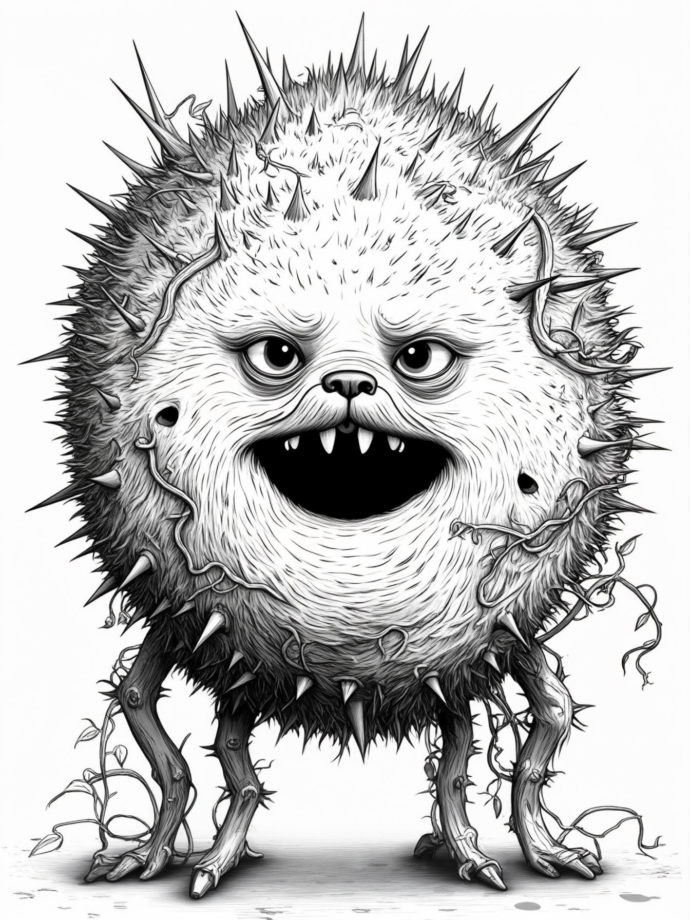 Thornmunch Prompt A round, furry beast covered in thorns and vines, with six little legs and a huge mouth in the middle of its belly. Its face is tiny compared to its body, with two small, mischievous