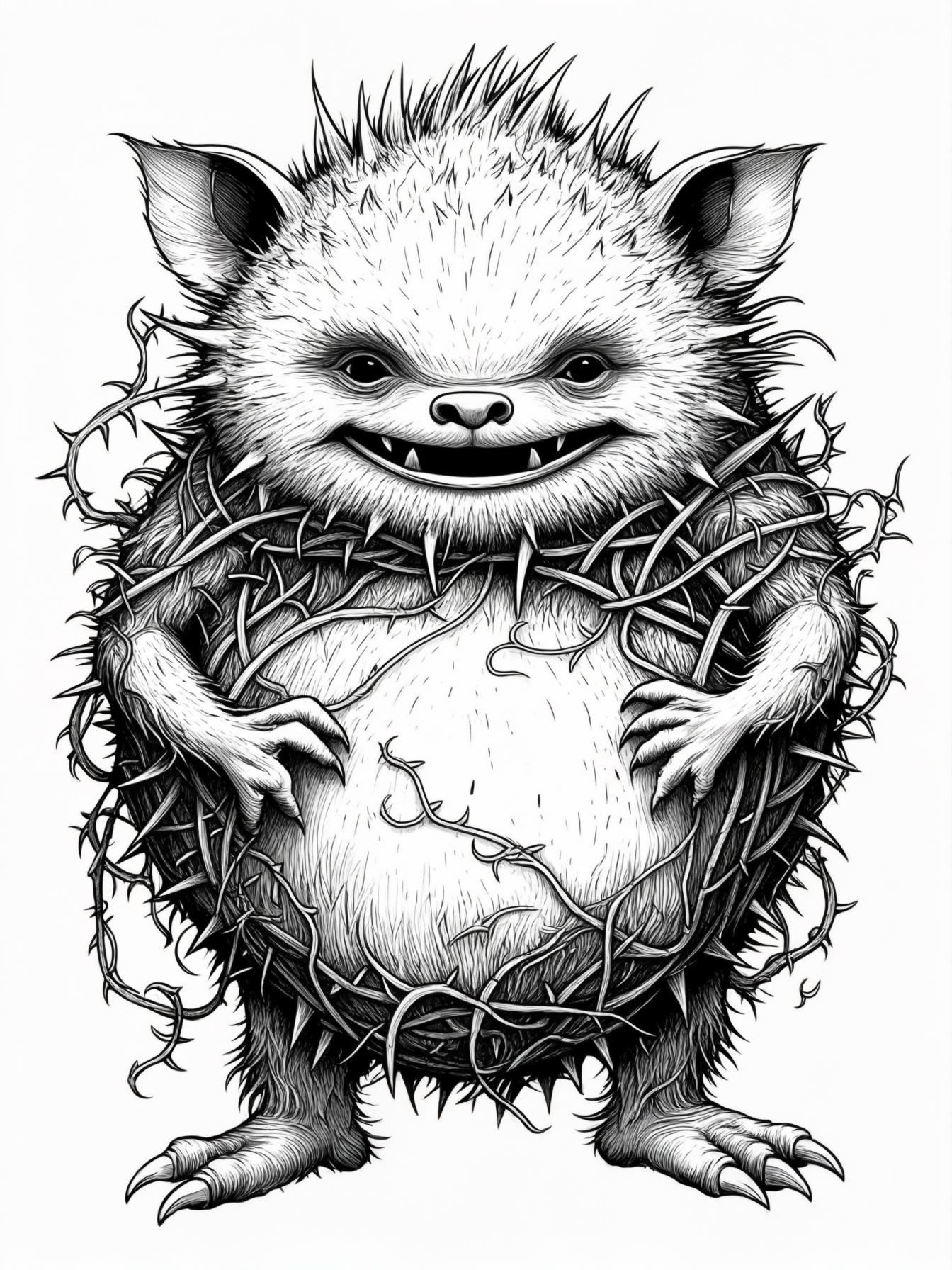 Thornmunch Prompt A round, furry beast covered in thorns and vines, with six little legs and a huge mouth in the middle of its belly. Its face is tiny compared to its body, with two small, mischievous