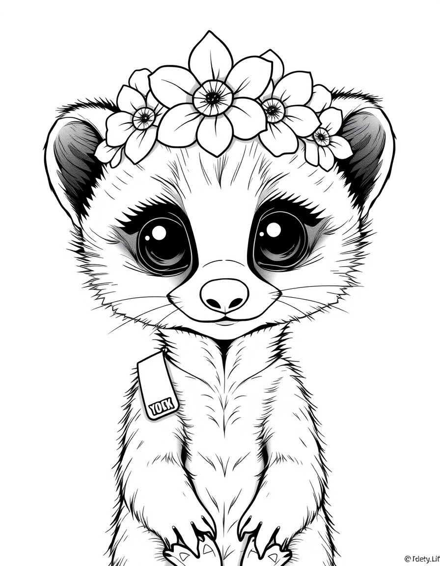 A so charming, cute female meerkat cub with big eyes with a flower crown on her head and going to school very happy.