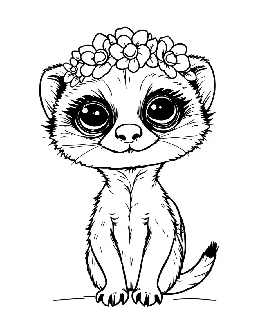 A so charming, cute female meerkat cub with big eyes with a flower crown on her head and going to school very happy.. create with single lines only.