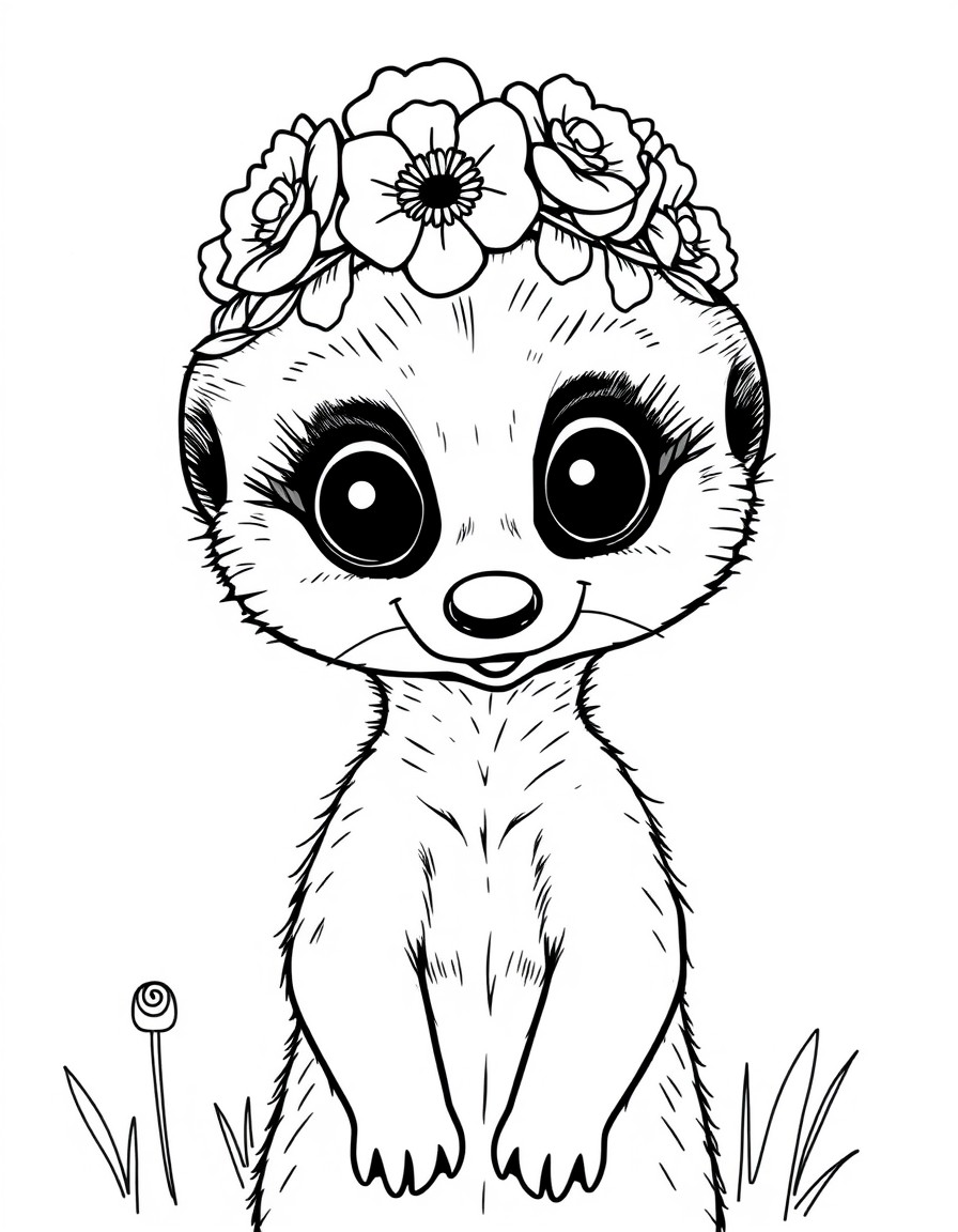 A so charming, cute female meerkat cub with big eyes with a flower crown on her head and going to school very happy.. create with single lines only.