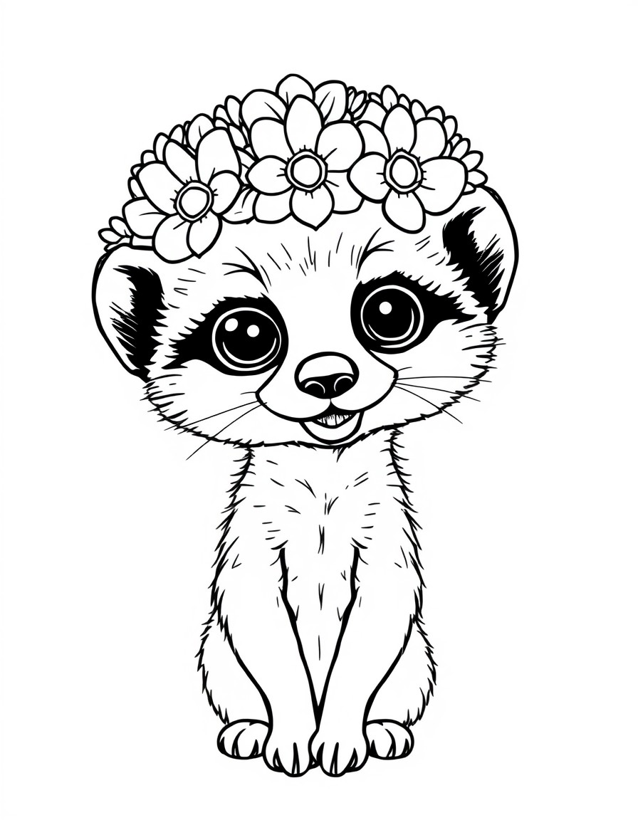 A so charming, cute female meerkat cub with big eyes with a flower crown on her head and going to school very happy.. create with single lines only.