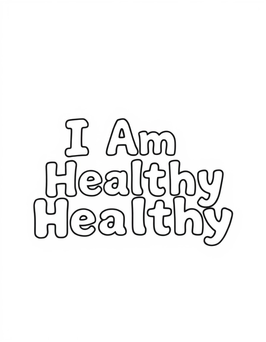 Create a picture of healthy habits for kids with the words "I Am Healthy"