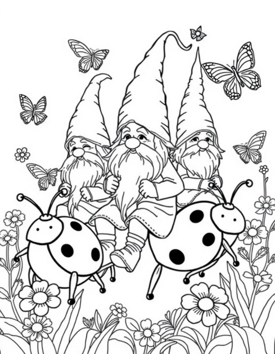 A garden gnome festival where gnomes ride on ladybugs and butterflies