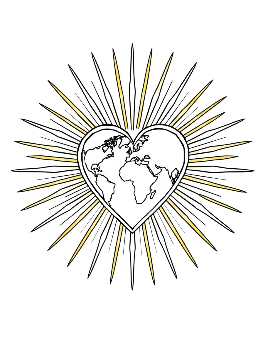 Main Elements 1. Central Heart Shape - Made of golden light rays - Representing God's love - Radiating outward  2. GlobeEarth - Nestled within the heart - Showing continents in simple shapes - Represe