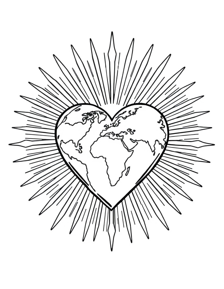 Main Elements 1. Central Heart Shape - Made of golden light rays - Representing God's love - Radiating outward  2. GlobeEarth - Nestled within the heart - Showing continents in simple shapes - Represe