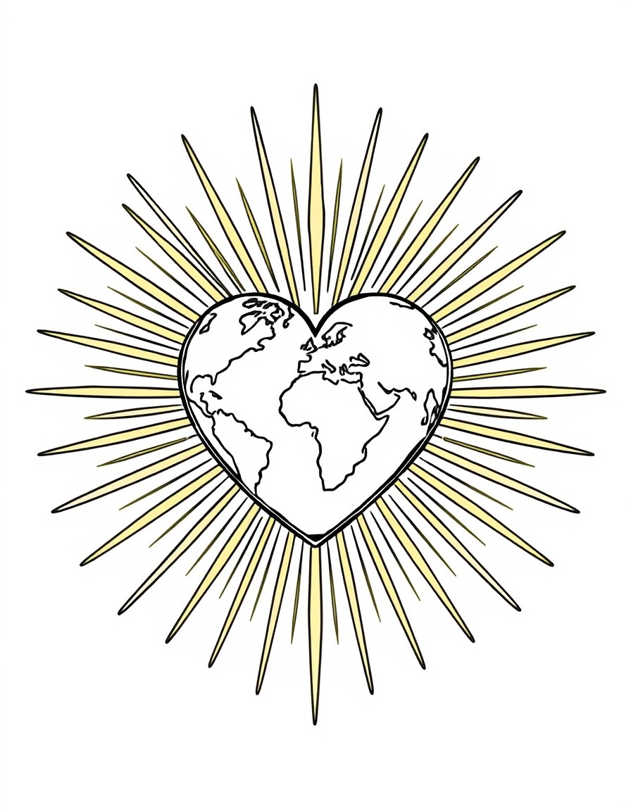 Main Elements 1. Central Heart Shape - Made of golden light rays - Representing God's love - Radiating outward  2. GlobeEarth - Nestled within the heart - Showing continents in simple shapes - Represe