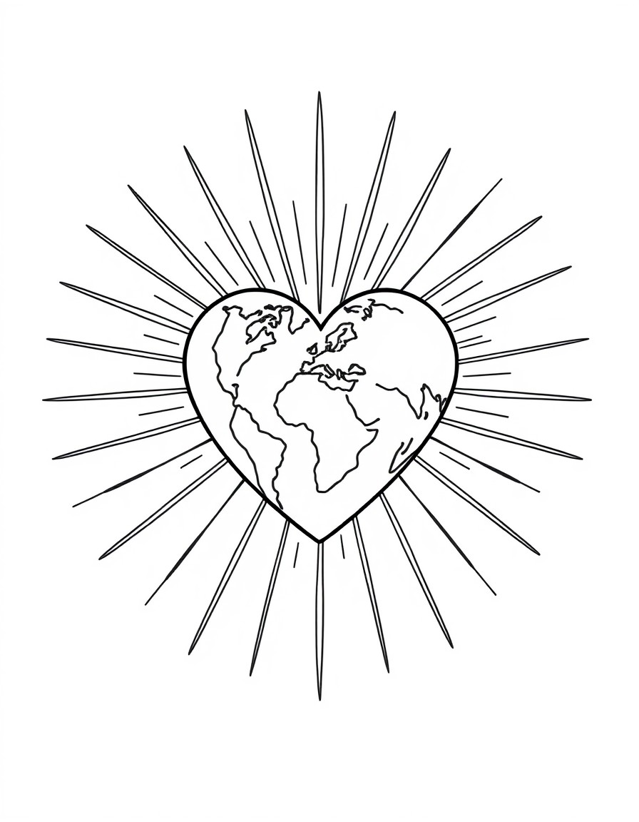 Main Elements 1. Central Heart Shape - Made of golden light rays - Representing God's love - Radiating outward  2. GlobeEarth - Nestled within the heart - Showing continents in simple shapes - Represe