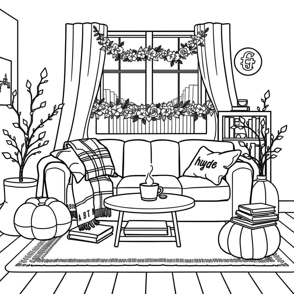 Illustration de coloriage en noir et blanc dun salon cosy style hygge avec bougies, plaid, tasse de th, livres et guirlande lumineuse