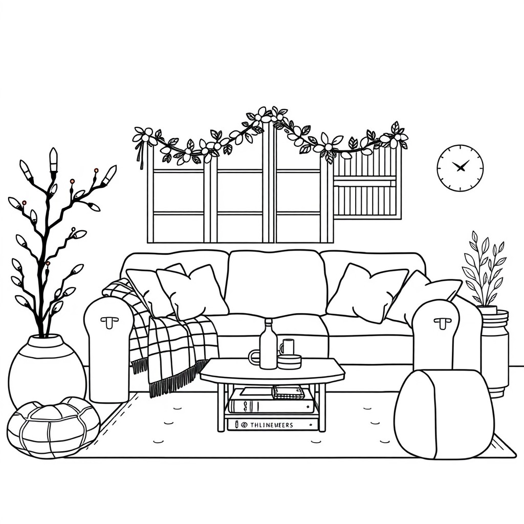 Illustration de coloriage en noir et blanc dun salon cosy style hygge avec bougies, plaid, tasse de th, livres et guirlande lumineuse