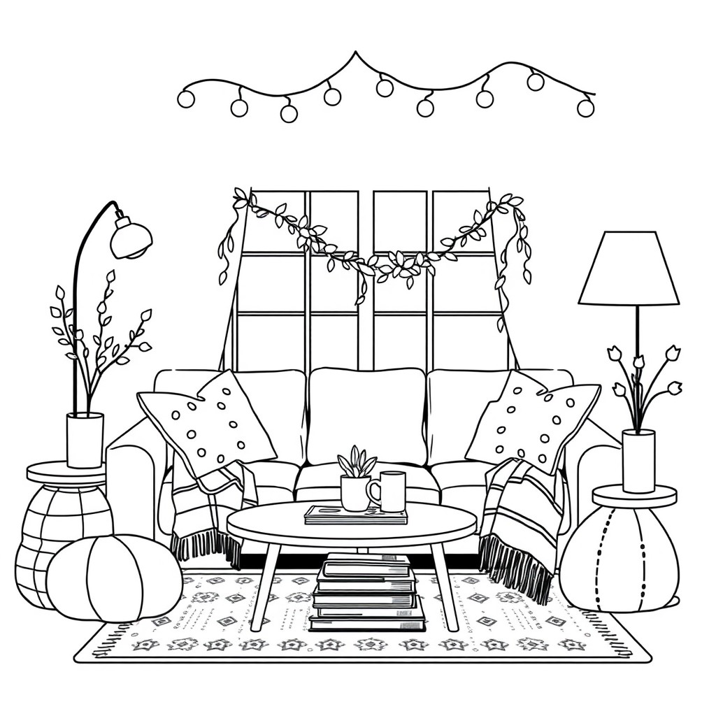 Illustration de coloriage en noir et blanc dun salon cosy style hygge avec bougies, plaid, tasse de th, livres et guirlande lumineuse