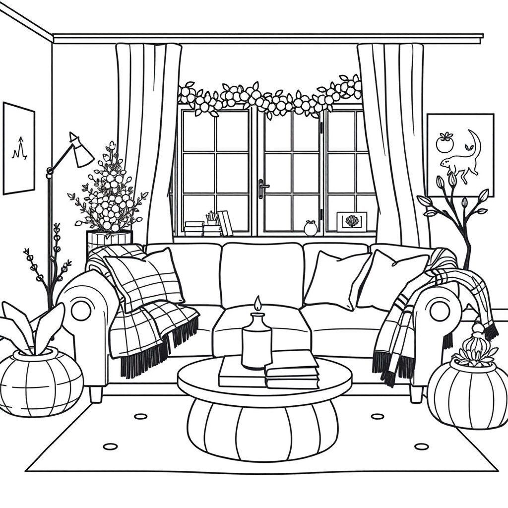 Illustration de coloriage en noir et blanc dun salon cosy style hygge avec bougies, plaid, tasse de th, livres et guirlande lumineuse